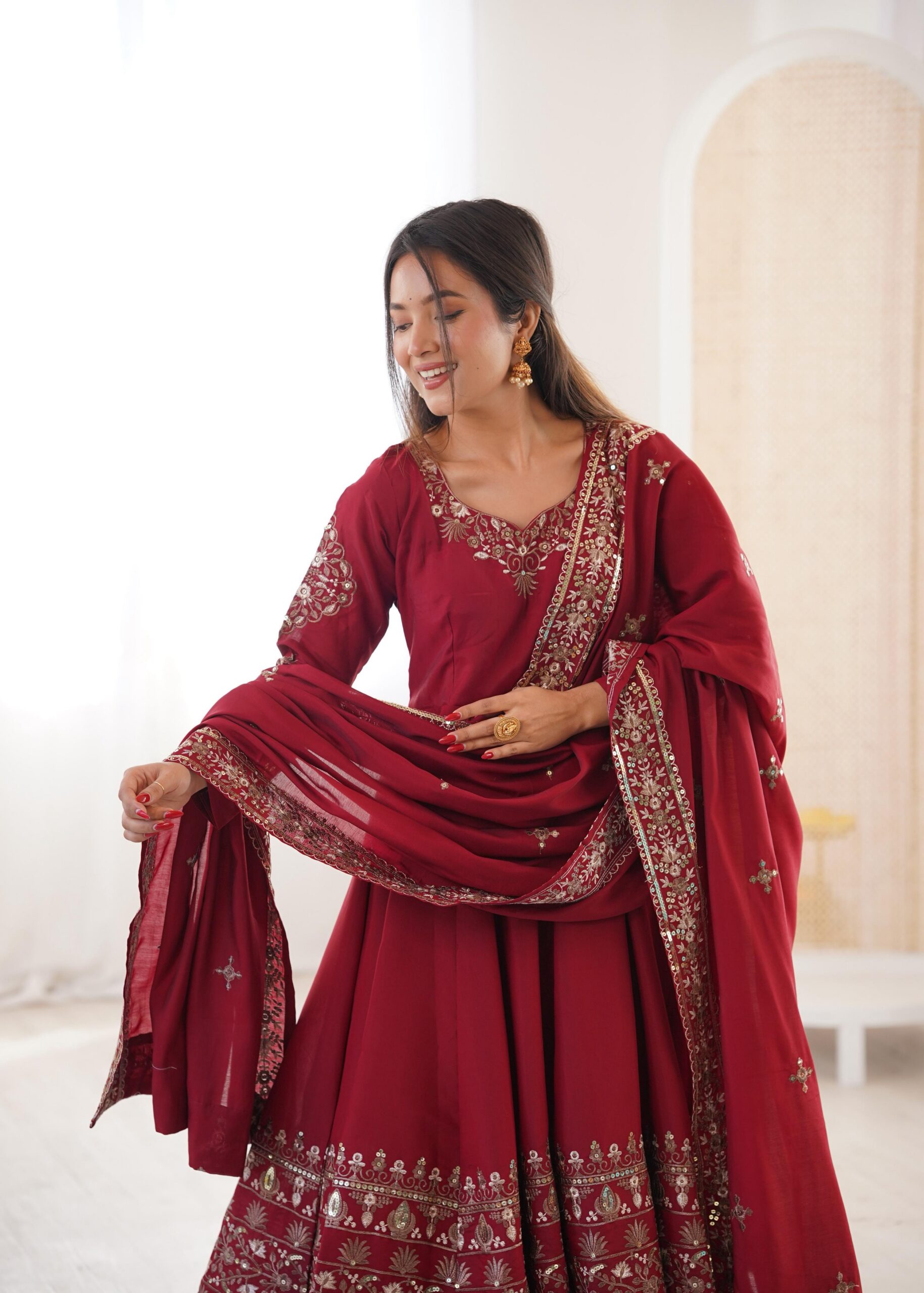 Nice Maroon Roman Silk Embroidery Work Gown | Gowns, Bollywood Gowns, Creative Gowns, Designer Gowns, Embroidered Gowns, Party Wear Gowns