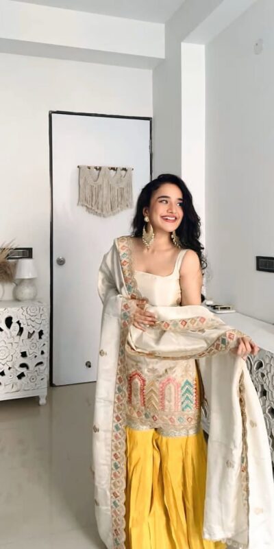 Off White Chinnon Silk Lace Work Salwar Suit | Jump Suits, Salwar suit, Casual Suits, Creative suits, Designer Suits, Palazzo Suits, Party Wear Suits, Patiala Suits, Straight Suits