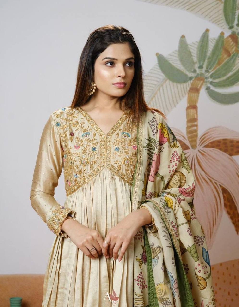 Off White Chinon With Kalamkari Print Gown | Lehenga, Bollywood Lehenga, Creative Lehenga, Designer Lehenga, Embroidered Lehenga, Party Wear Lehenga