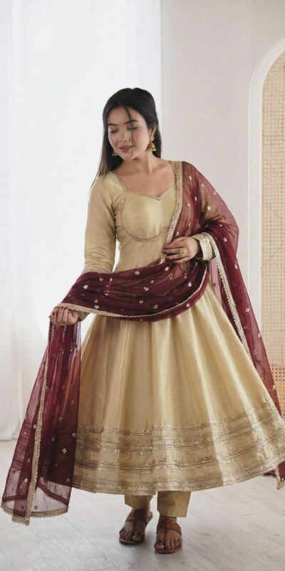 Off White Cosmos Gold Embroidery Work Gown | Gowns, Bollywood Gowns, Creative Gowns, Designer Gowns, Embroidered Gowns, Party Wear Gowns