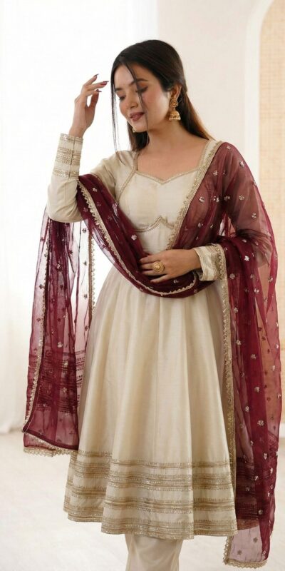Off White Cosmos Gold Embroidery Work Gown | Gowns, Bollywood Gowns, Creative Gowns, Designer Gowns, Embroidered Gowns, Party Wear Gowns
