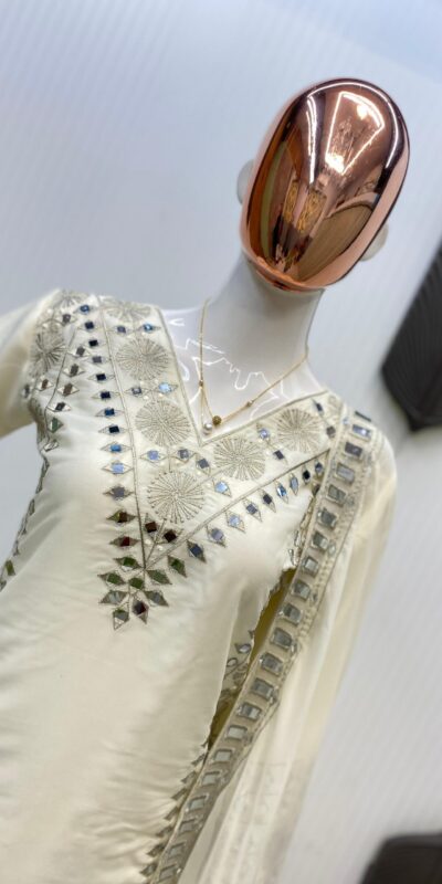 Off White Georgette Embroidery Mirror Work Salwar Suit | Jump Suits, Salwar suit, Casual Suits, Creative suits, Designer Suits, Palazzo Suits, Party Wear Suits, Patiala Suits, Straight Suits