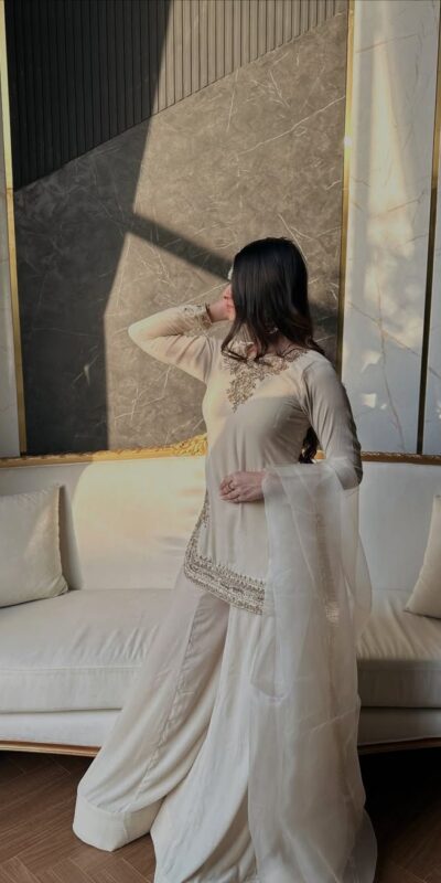 Off White Korean Satin Silk Embroidery Work Salwar Suit | Jump Suits, Salwar suit, Casual Suits, Creative suits, Designer Suits, Palazzo Suits, Party Wear Suits, Patiala Suits, Straight Suits