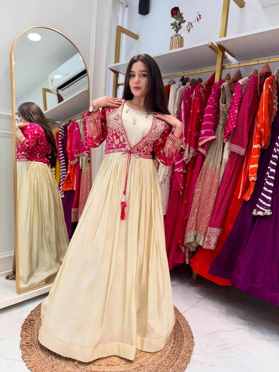 Off White Mono Silk Sequins Work Gown | Gowns, Bollywood Gowns, Creative Gowns, Designer Gowns, Embroidered Gowns, Party Wear Gowns