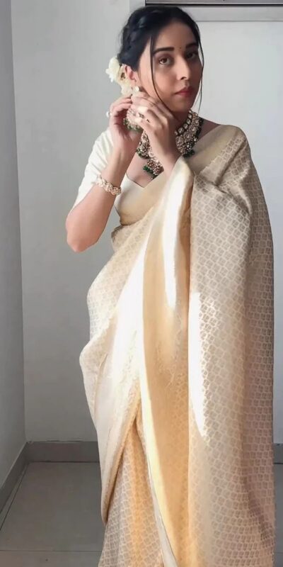 Off White Soft Lichi Silk Golden Waving Saree | Sarees, Bollywood Sarees, Creative Sarees, Designer Sarees, Embroidered Sarees, Ethnic Saree, Modern Digital sarees, Party Wear Sarees
