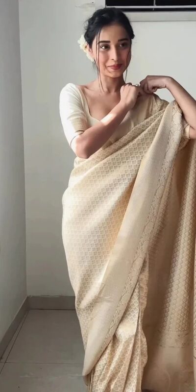 Off White Soft Lichi Silk Golden Waving Saree | Sarees, Bollywood Sarees, Creative Sarees, Designer Sarees, Embroidered Sarees, Ethnic Saree, Modern Digital sarees, Party Wear Sarees