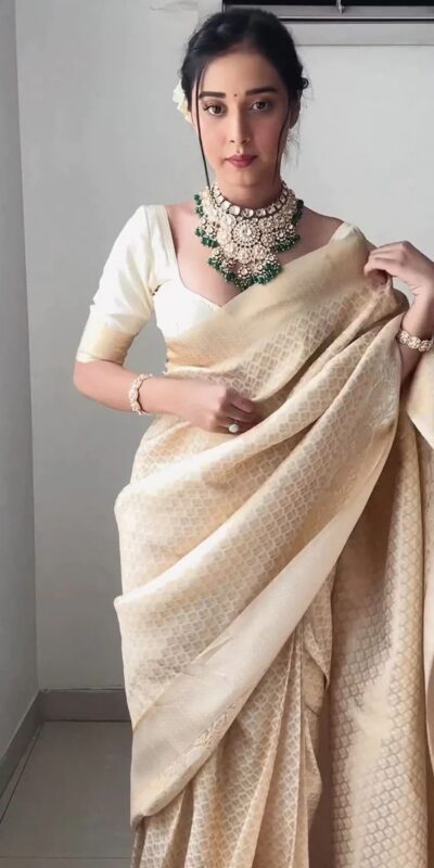 Off White Soft Lichi Silk Golden Waving Saree | Sarees, Bollywood Sarees, Creative Sarees, Designer Sarees, Embroidered Sarees, Ethnic Saree, Modern Digital sarees, Party Wear Sarees