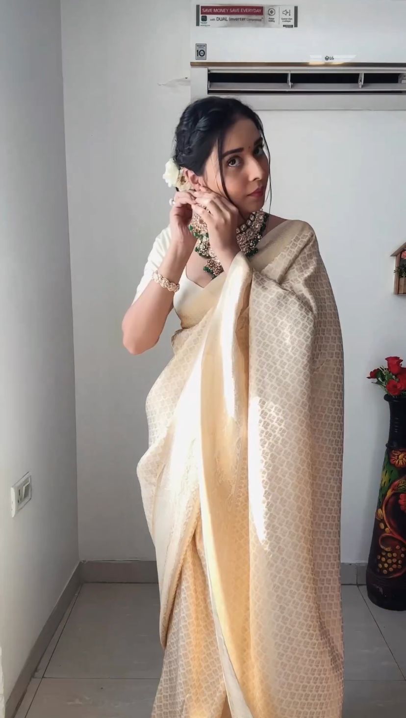 Off White Soft Lichi Silk Golden Waving Saree | Sarees, Bollywood Sarees, Creative Sarees, Designer Sarees, Embroidered Sarees, Ethnic Saree, Modern Digital sarees, Party Wear Sarees