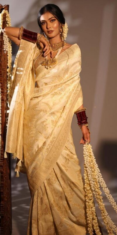 Off White Soft Lichi Silk Jacquard Saree | Sarees, Bollywood Sarees, Creative Sarees, Designer Sarees, Embroidered Sarees, Ethnic Saree, Modern Digital sarees, Party Wear Sarees