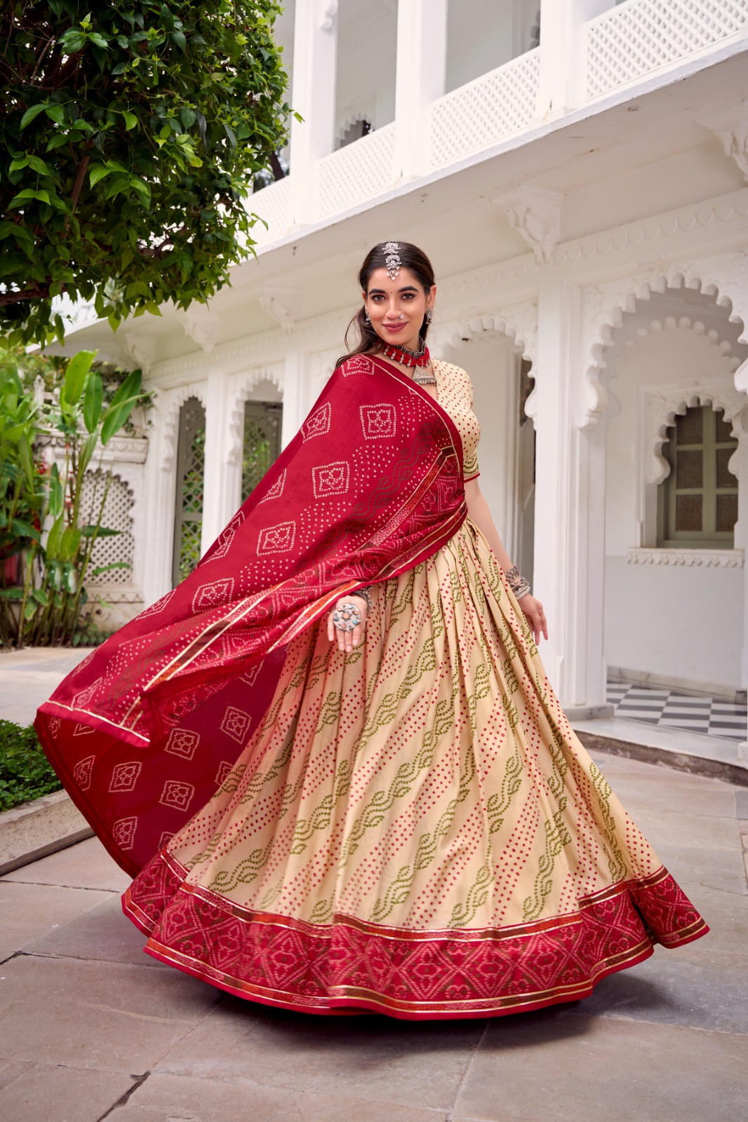 Off White Tasar Silk Bandhej Print Lehenga Choli | Lehenga, Bollywood Lehenga, Creative Lehenga, Designer Lehenga, Embroidered Lehenga, Party Wear Lehenga