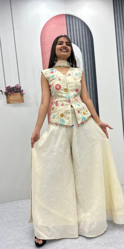 Off White Tissue Simmer Embroidery Work Salwar Suit | Jump Suits, Salwar suit, Casual Suits, Creative suits, Designer Suits, Palazzo Suits, Party Wear Suits, Patiala Suits, Straight Suits