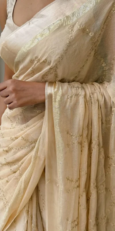 Off White Viscose Satin Sequin Embroidery Work Saree | Sarees, Bollywood Sarees, Creative Sarees, Designer Sarees, Embroidered Sarees, Ethnic Saree, Modern Digital sarees, Party Wear Sarees