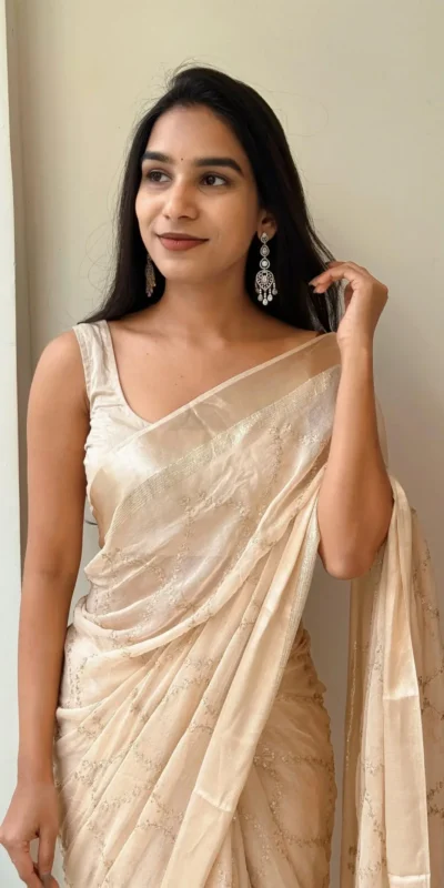 Off White Viscose Satin Sequin Embroidery Work Saree | Sarees, Bollywood Sarees, Creative Sarees, Designer Sarees, Embroidered Sarees, Ethnic Saree, Modern Digital sarees, Party Wear Sarees