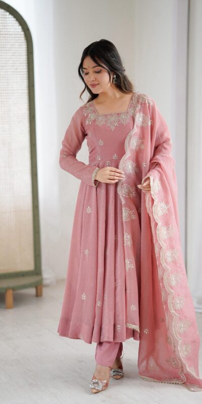 Onion Crunchy Silk Embroidery Work Gown | Gowns, Bollywood Gowns, Creative Gowns, Designer Gowns, Embroidered Gowns, Party Wear Gowns