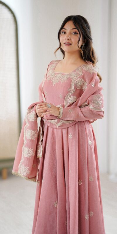 Onion Crunchy Silk Embroidery Work Gown | Gowns, Bollywood Gowns, Creative Gowns, Designer Gowns, Embroidered Gowns, Party Wear Gowns