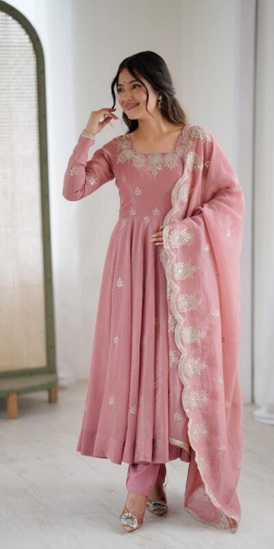 Onion Crunchy Silk Embroidery Work Gown | Gowns, Bollywood Gowns, Creative Gowns, Designer Gowns, Embroidered Gowns, Party Wear Gowns