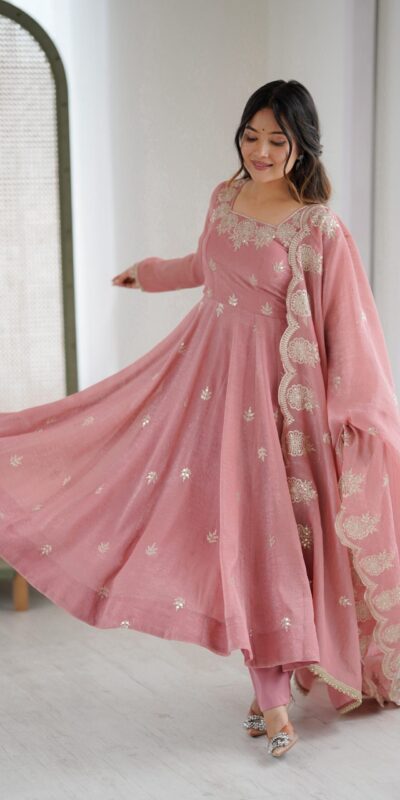 Onion Crunchy Silk Embroidery Work Gown | Gowns, Bollywood Gowns, Creative Gowns, Designer Gowns, Embroidered Gowns, Party Wear Gowns