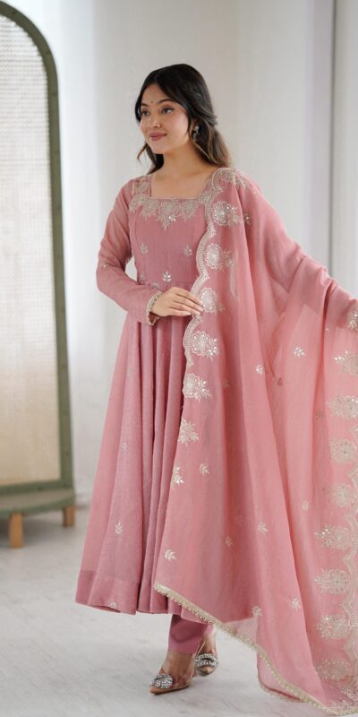 Onion Crunchy Silk Embroidery Work Gown | Gowns, Bollywood Gowns, Creative Gowns, Designer Gowns, Embroidered Gowns, Party Wear Gowns