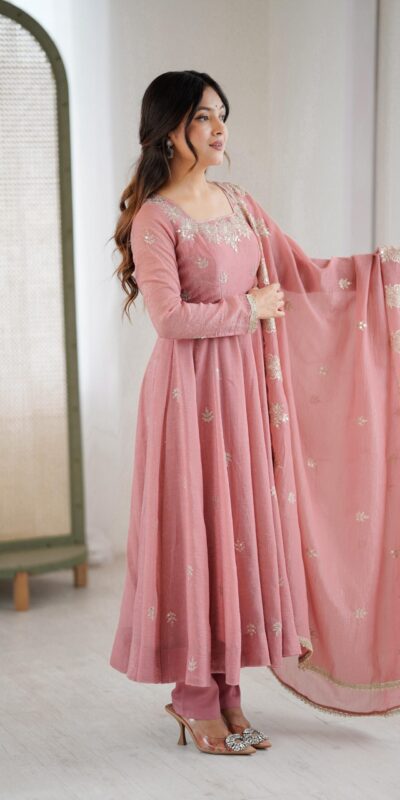Onion Crunchy Silk Embroidery Work Gown | Gowns, Bollywood Gowns, Creative Gowns, Designer Gowns, Embroidered Gowns, Party Wear Gowns