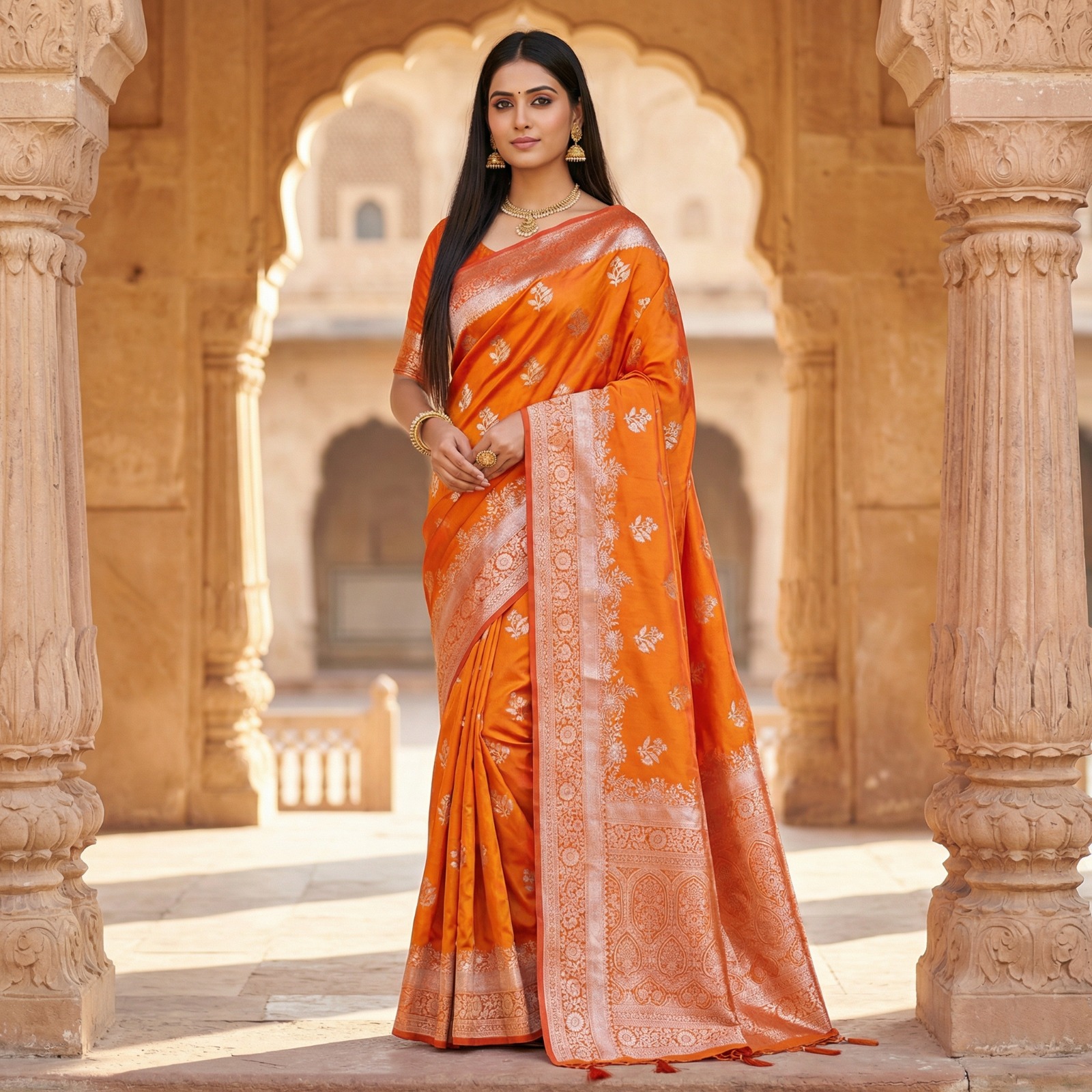 Orange Banarasi Zari Lace Work Saree | Sarees, Bollywood Sarees, Creative Sarees, Designer Sarees, Embroidered Sarees, Ethnic Saree, Modern Digital sarees, Party Wear Sarees