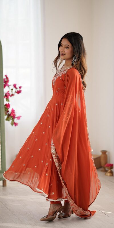 Orange Blooming Faux Embroidery Work Gown | Lehenga, Bollywood Lehenga, Creative Lehenga, Designer Lehenga, Embroidered Lehenga, Party Wear Lehenga