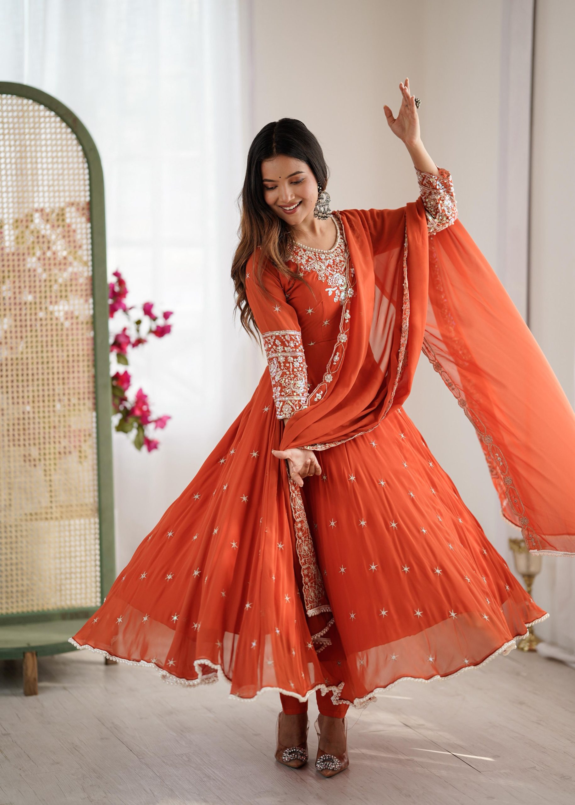 Orange Blooming Faux Embroidery Work Gown | Lehenga, Bollywood Lehenga, Creative Lehenga, Designer Lehenga, Embroidered Lehenga, Party Wear Lehenga