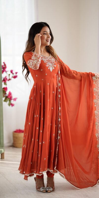 Orange Blooming Faux Embroidery Work Gown | Lehenga, Bollywood Lehenga, Creative Lehenga, Designer Lehenga, Embroidered Lehenga, Party Wear Lehenga