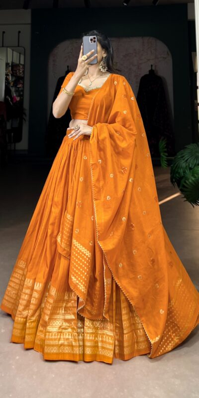 Orange Chanderi Plain With Zari Weaving Work Border Lehenga Choli | Lehenga, Bollywood Lehenga, Creative Lehenga, Designer Lehenga, Embroidered Lehenga, Party Wear Lehenga