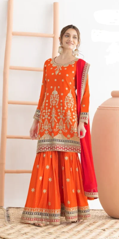 Orange Chinon Embroidery Mirror Work Salwar Suit | Jump Suits, Salwar suit, Casual Suits, Creative suits, Designer Suits, Palazzo Suits, Party Wear Suits, Patiala Suits, Straight Suits