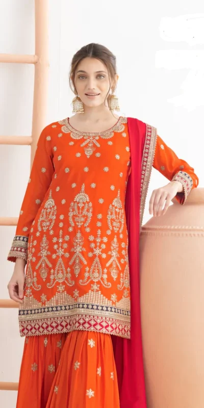 Orange Chinon Embroidery Mirror Work Salwar Suit | Jump Suits, Salwar suit, Casual Suits, Creative suits, Designer Suits, Palazzo Suits, Party Wear Suits, Patiala Suits, Straight Suits