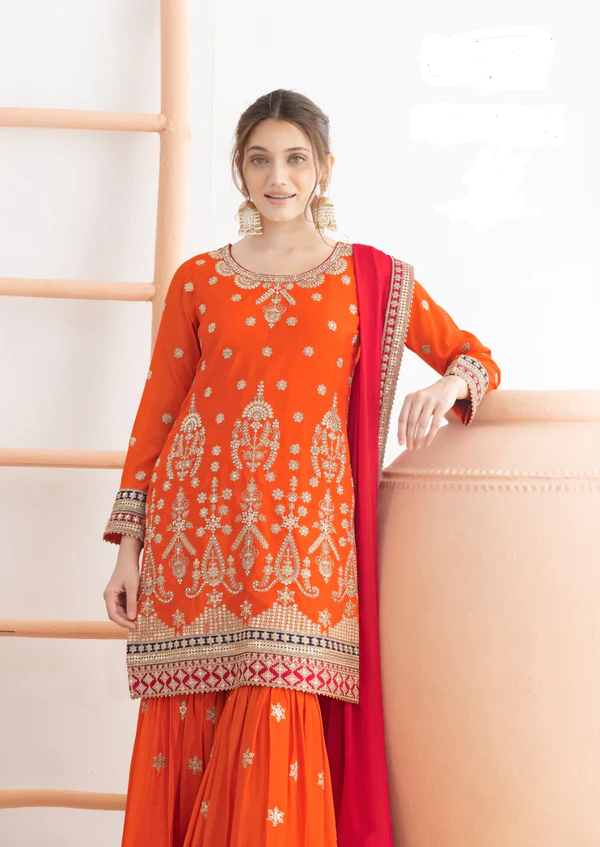 Orange Chinon Embroidery Mirror Work Salwar Suit | Jump Suits, Salwar suit, Casual Suits, Creative suits, Designer Suits, Palazzo Suits, Party Wear Suits, Patiala Suits, Straight Suits