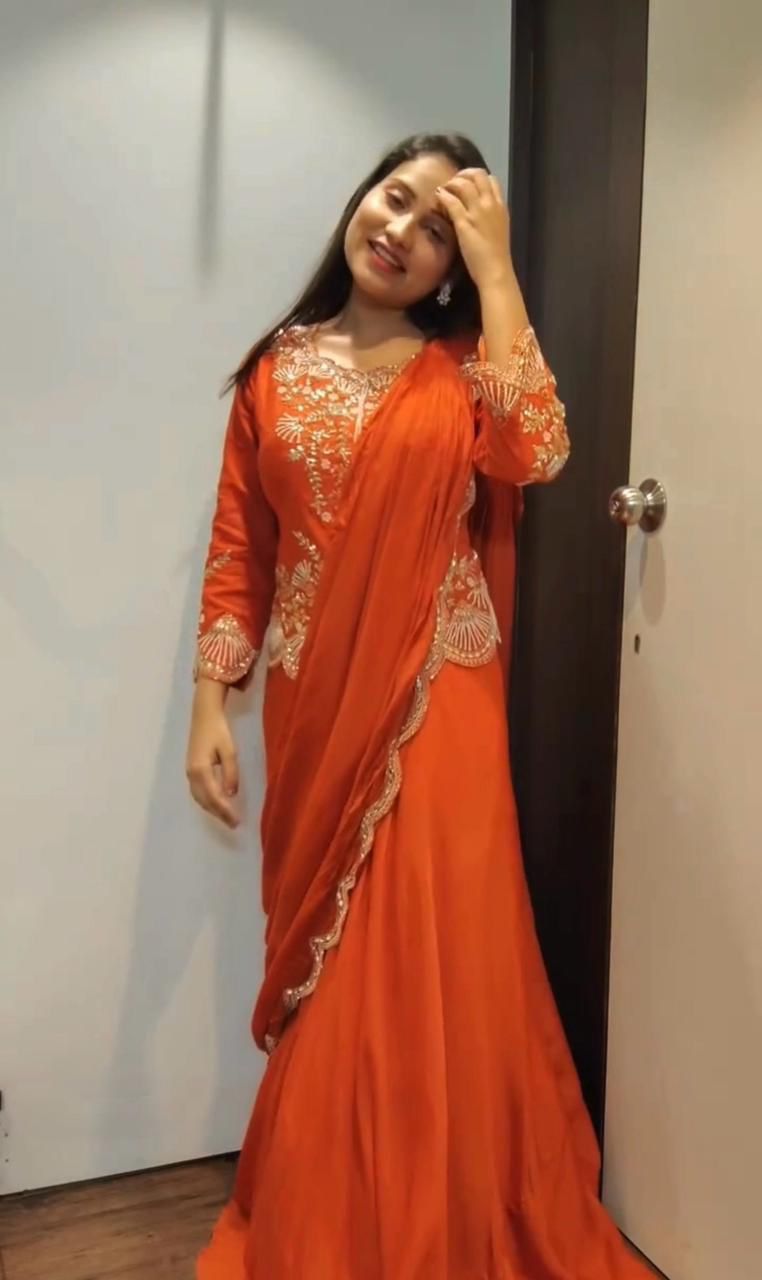 Orange Chinon Mirror Embroidery Work Lehenga Choli | Lehenga, Bollywood Lehenga, Creative Lehenga, Designer Lehenga, Embroidered Lehenga, Party Wear Lehenga