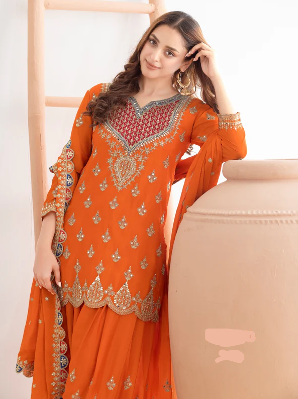 Orange Chinon Sequence Mirror Work Salwar Suit | Jump Suits, Salwar suit, Casual Suits, Creative suits, Designer Suits, Palazzo Suits, Party Wear Suits, Patiala Suits, Straight Suits