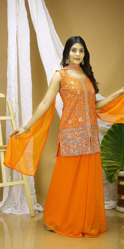 Orange Georgette Embroidery Work Salwar Suit | Jump Suits, Salwar suit, Casual Suits, Creative suits, Designer Suits, Palazzo Suits, Party Wear Suits, Patiala Suits, Straight Suits
