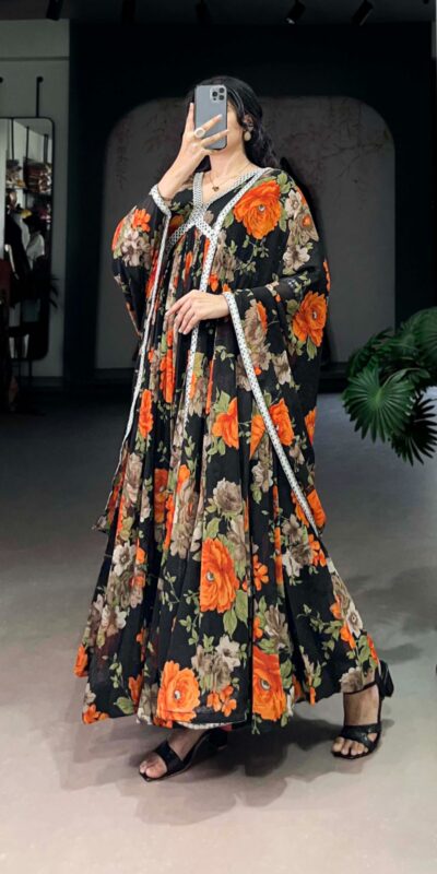 Orange Georgette Floral Printed Paper Mirror Lace Gown | Gowns, Bollywood Gowns, Creative Gowns, Designer Gowns, Embroidered Gowns, Party Wear Gowns