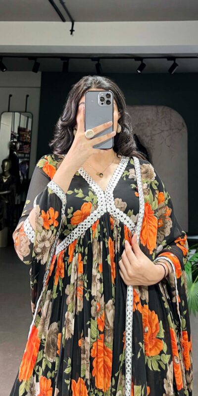 Orange Georgette Floral Printed Paper Mirror Lace Gown | Gowns, Bollywood Gowns, Creative Gowns, Designer Gowns, Embroidered Gowns, Party Wear Gowns