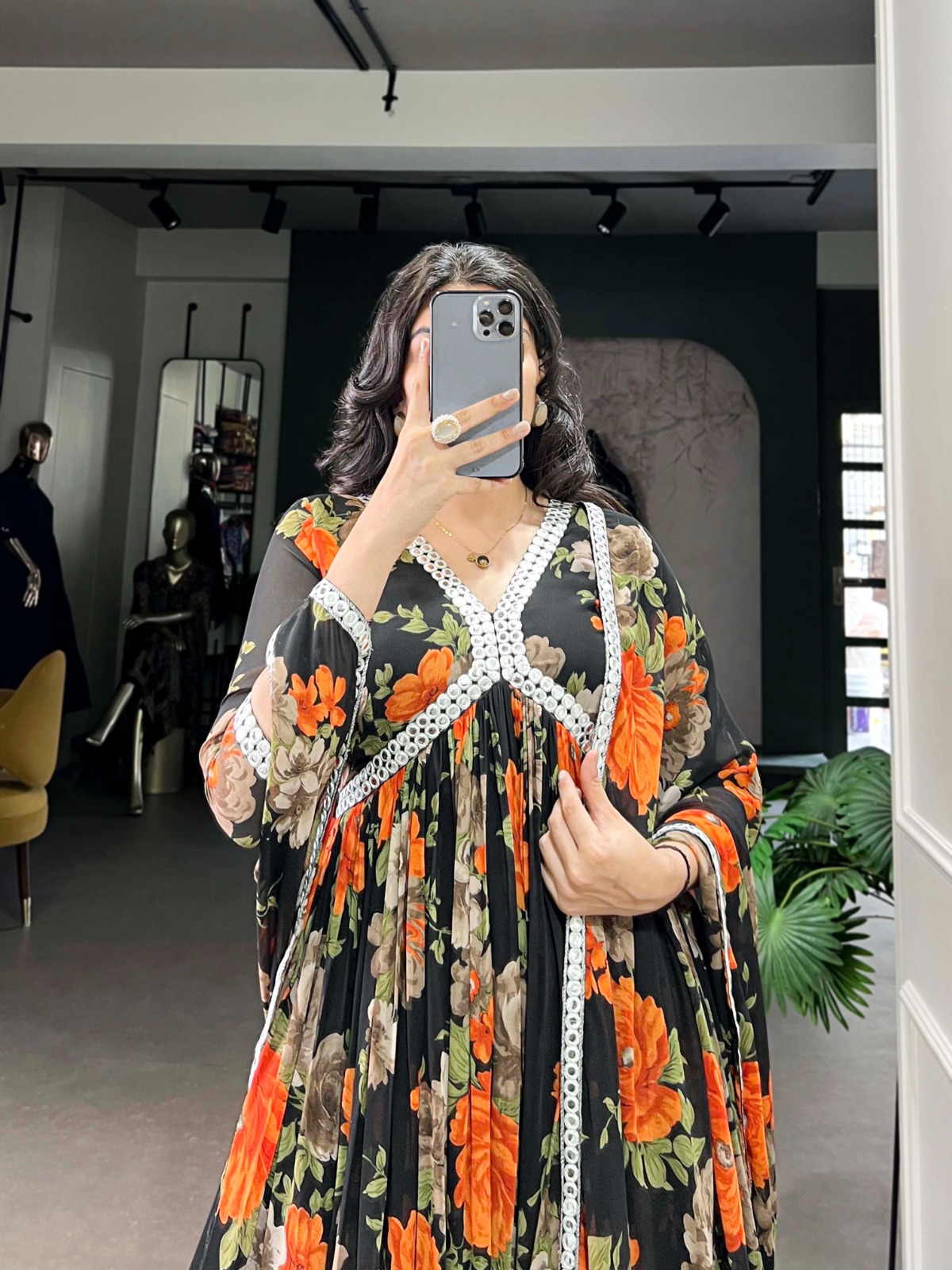Orange Georgette Floral Printed Paper Mirror Lace Gown | Gowns, Bollywood Gowns, Creative Gowns, Designer Gowns, Embroidered Gowns, Party Wear Gowns
