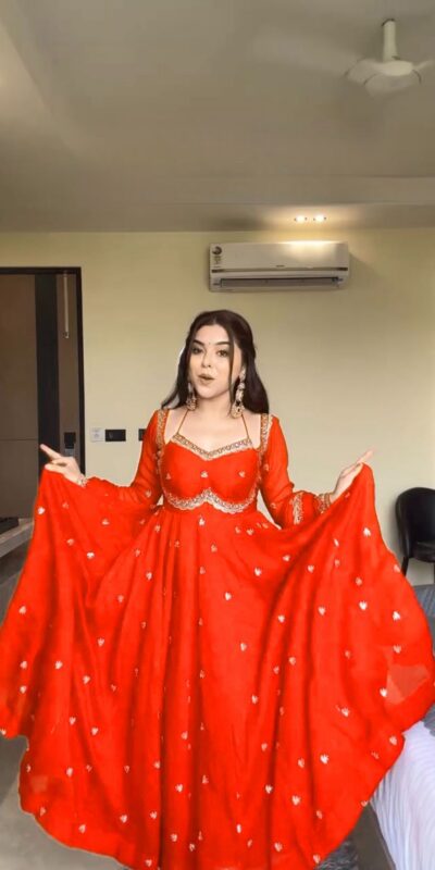 Orange Georgette Sequence Gown | Gowns, Bollywood Gowns, Creative Gowns, Designer Gowns, Embroidered Gowns, Party Wear Gowns