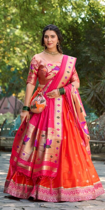 Orange Jacquard Weaving Lehenga Choli | Lehenga, Bollywood Lehenga, Creative Lehenga, Designer Lehenga, Embroidered Lehenga, Party Wear Lehenga