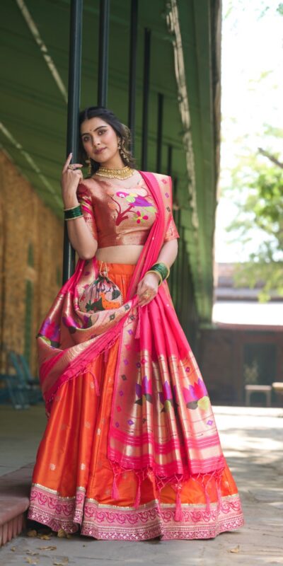 Orange Jacquard Weaving Lehenga Choli | Lehenga, Bollywood Lehenga, Creative Lehenga, Designer Lehenga, Embroidered Lehenga, Party Wear Lehenga