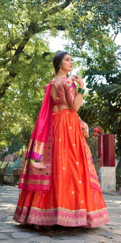 Orange Jacquard Weaving Lehenga Choli | Lehenga, Bollywood Lehenga, Creative Lehenga, Designer Lehenga, Embroidered Lehenga, Party Wear Lehenga