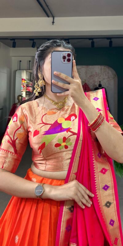 Orange Jacquard Weaving Lehenga Choli | Lehenga, Bollywood Lehenga, Creative Lehenga, Designer Lehenga, Embroidered Lehenga, Party Wear Lehenga