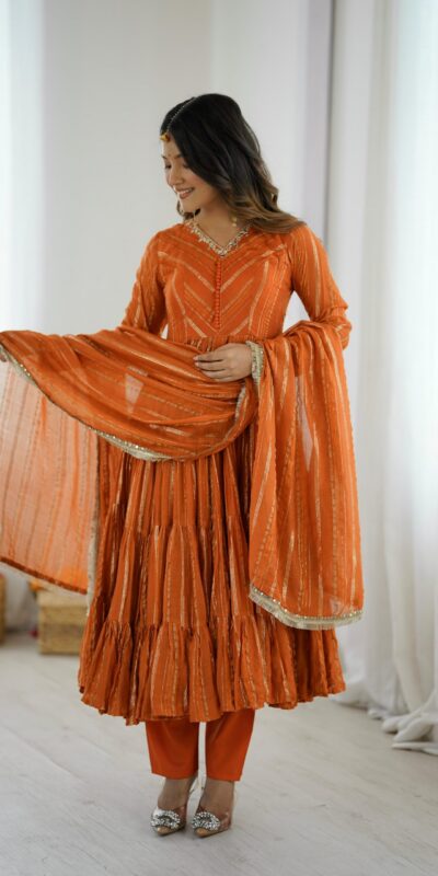 Orange Mal Chanderi Mirror Lace Work Gown | Gowns, Bollywood Gowns, Creative Gowns, Designer Gowns, Embroidered Gowns, Party Wear Gowns