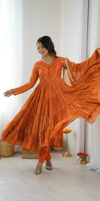 Orange Mal Chanderi Mirror Lace Work Gown | Gowns, Bollywood Gowns, Creative Gowns, Designer Gowns, Embroidered Gowns, Party Wear Gowns