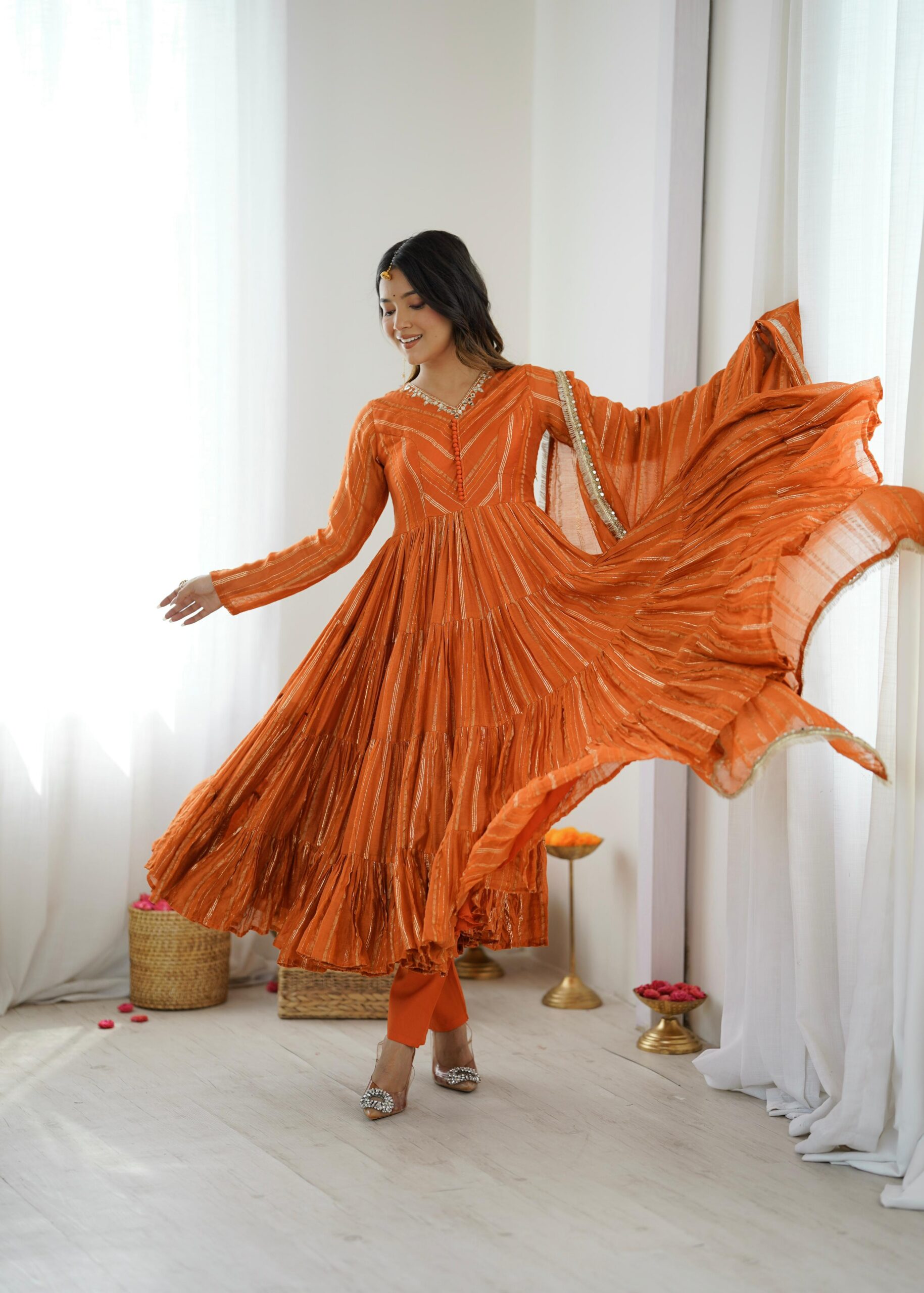 Orange Mal Chanderi Mirror Lace Work Gown | Gowns, Bollywood Gowns, Creative Gowns, Designer Gowns, Embroidered Gowns, Party Wear Gowns