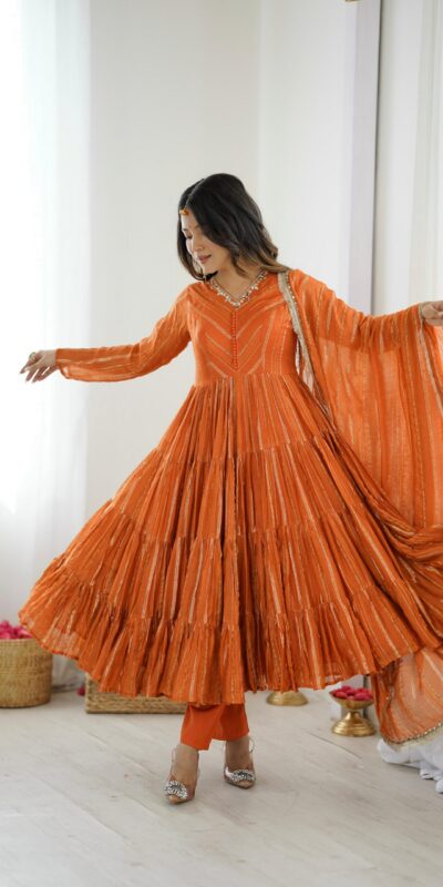 Orange Mal Chanderi Mirror Lace Work Gown | Gowns, Bollywood Gowns, Creative Gowns, Designer Gowns, Embroidered Gowns, Party Wear Gowns
