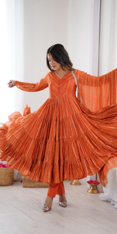 Orange Mal Chanderi Mirror Lace Work Gown | Gowns, Bollywood Gowns, Creative Gowns, Designer Gowns, Embroidered Gowns, Party Wear Gowns