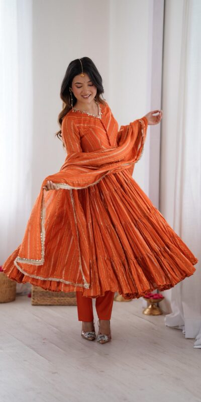 Orange Mal Chanderi Mirror Lace Work Gown | Gowns, Bollywood Gowns, Creative Gowns, Designer Gowns, Embroidered Gowns, Party Wear Gowns