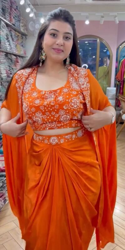 Orange Satin Silk Thread With Sequence Dhoti Suit | Jump Suits, Salwar suit, Casual Suits, Creative suits, Designer Suits, Palazzo Suits, Party Wear Suits, Patiala Suits, Straight Suits