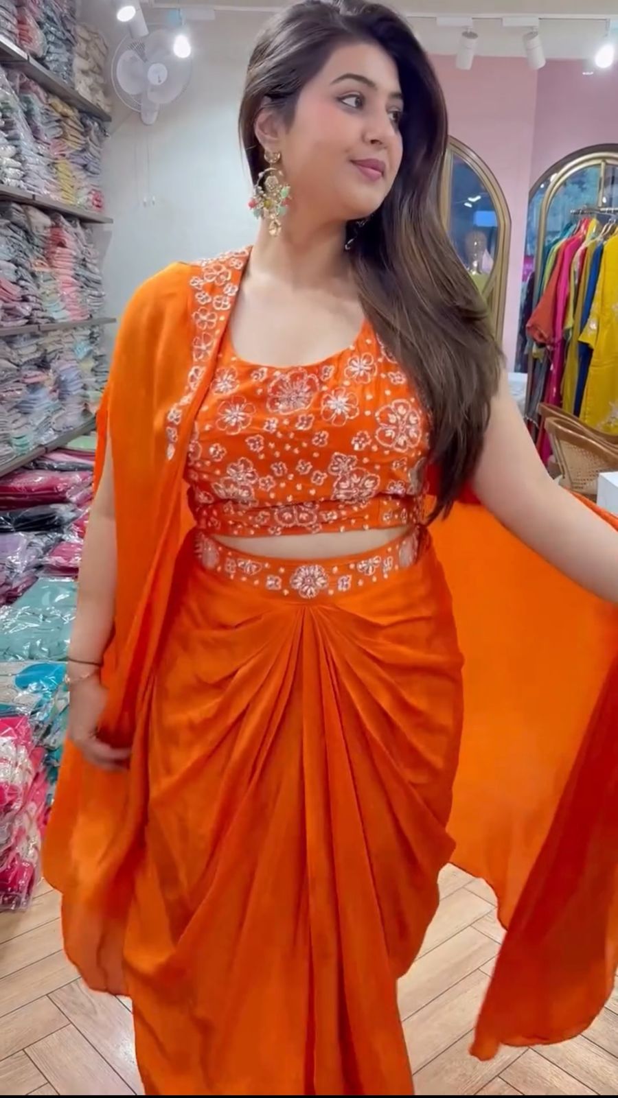 Orange Satin Silk Thread With Sequence Dhoti Suit | Jump Suits, Salwar suit, Casual Suits, Creative suits, Designer Suits, Palazzo Suits, Party Wear Suits, Patiala Suits, Straight Suits